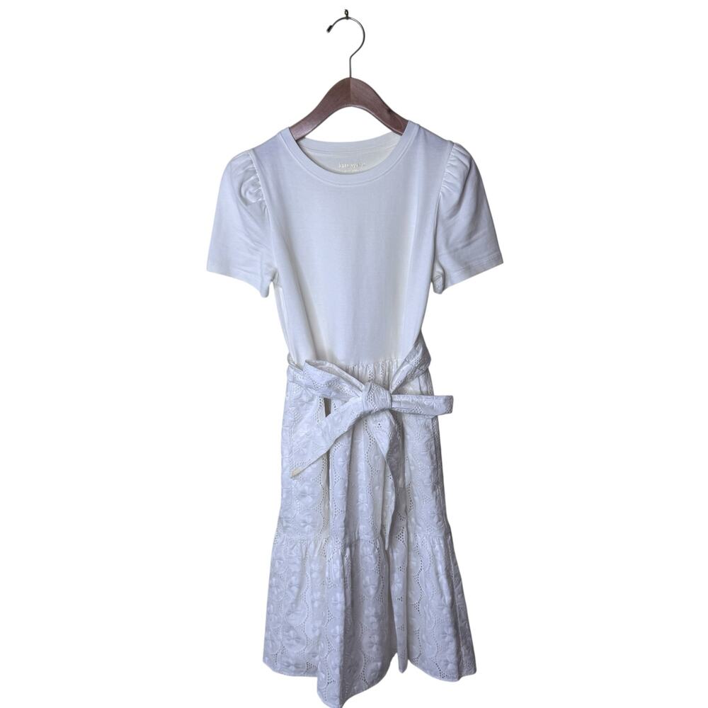 KATE SPADE Crewneck Puff Short Sleeve Belted Eyelet A line Skirt Dress XS WHITE